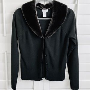 LOFT vintage style black faux fur collar cardigan